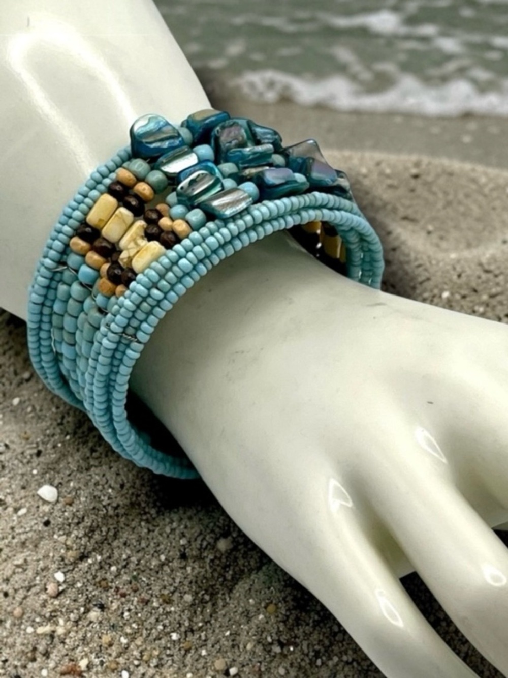 Handcrafted Beach Boho Multi Strand Shell and Glass Bead Persa Cuff Bracelet
